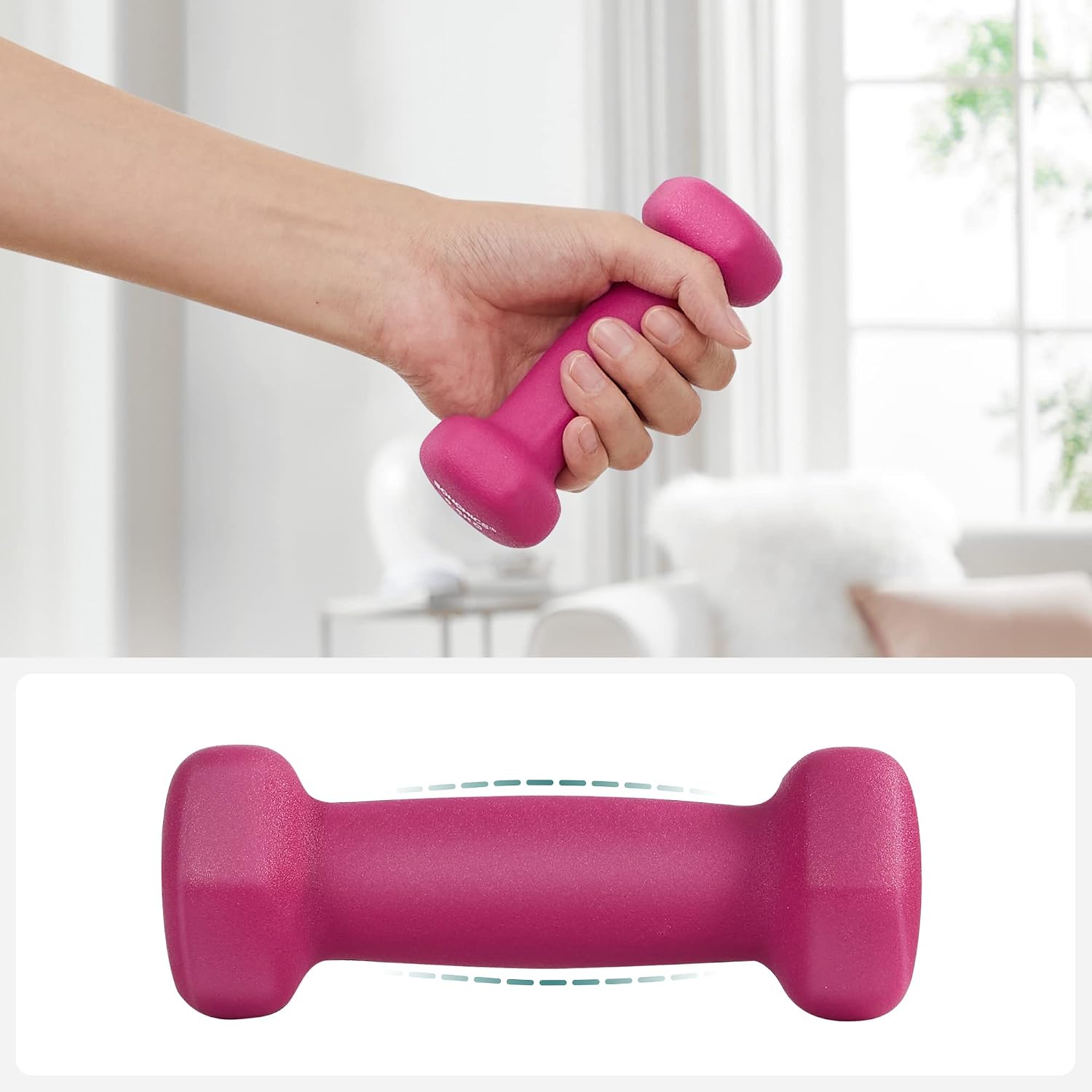 SONGMICS Set 2 gantere fitness de 0,5 kg fiecare, greutate totala 1 kg, pentru exercitii si antrenamente acasa sau la sala, miez din fonta cu invelis neopren antiderapant, manere ergonomice, roz - imagine 7