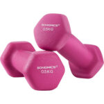SONGMICS Set 2 gantere fitness de 0,5 kg fiecare, greutate totala 1 kg, pentru exercitii si antrenamente acasa sau la sala, miez din fonta cu invelis neopren antiderapant, manere ergonomice, roz