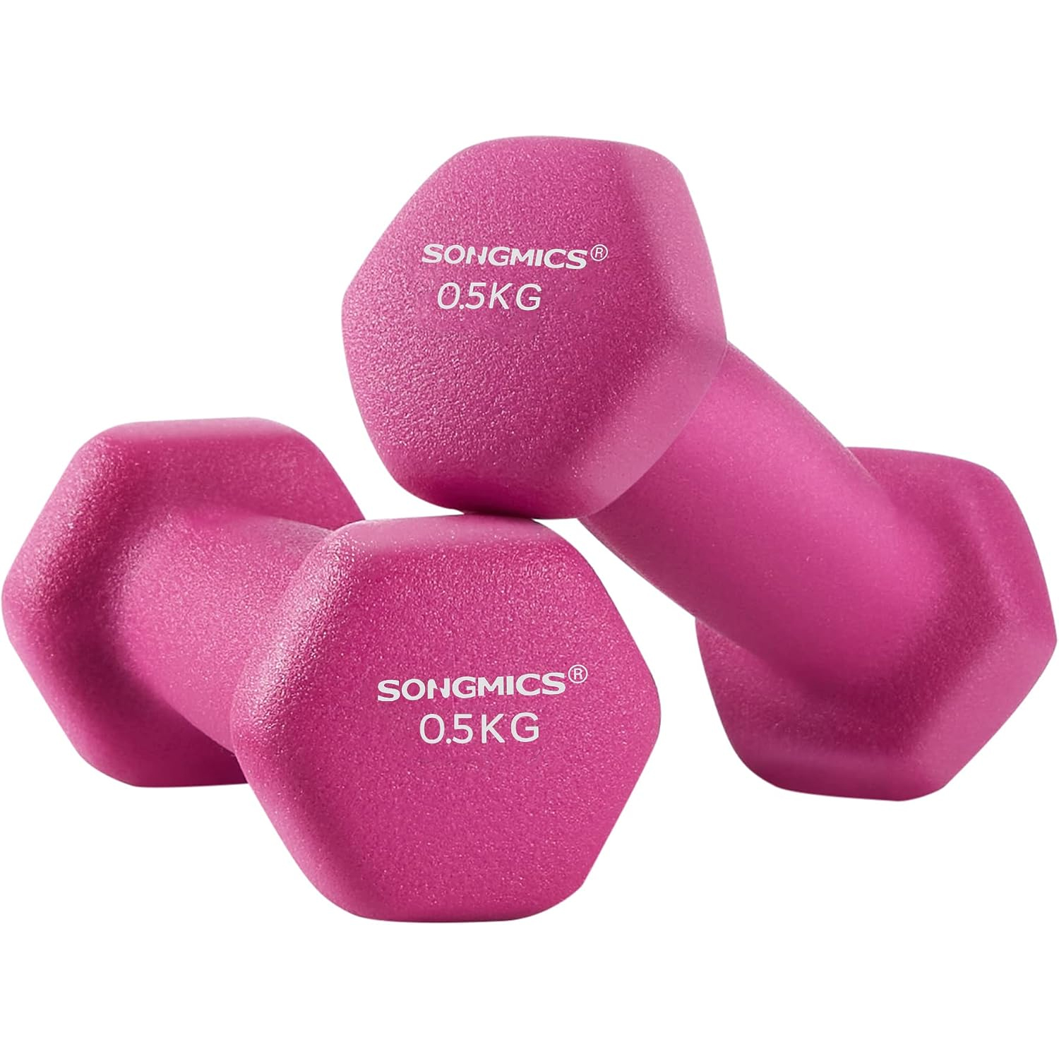 SONGMICS Set 2 gantere fitness de 0,5 kg fiecare, greutate totala 1 kg, pentru exercitii si antrenamente acasa sau la sala, miez din fonta cu invelis neopren antiderapant, manere ergonomice, roz