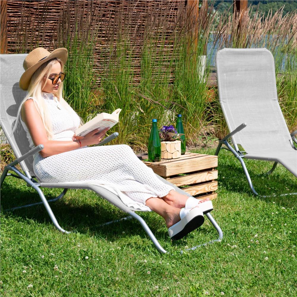 Sezlong pliabil Zero Gravity cu sezut din textilene, capacitate 120 kg, 60x185x96 cm, gri deschis - imagine 18