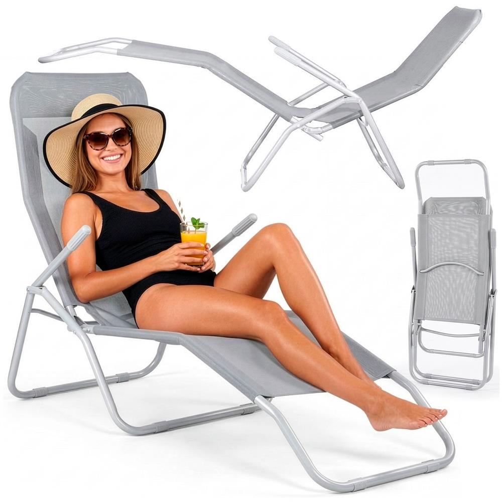 Sezlong pliabil Zero Gravity cu sezut din textilene, capacitate 120 kg, 60x185x96 cm, gri deschis - imagine 27