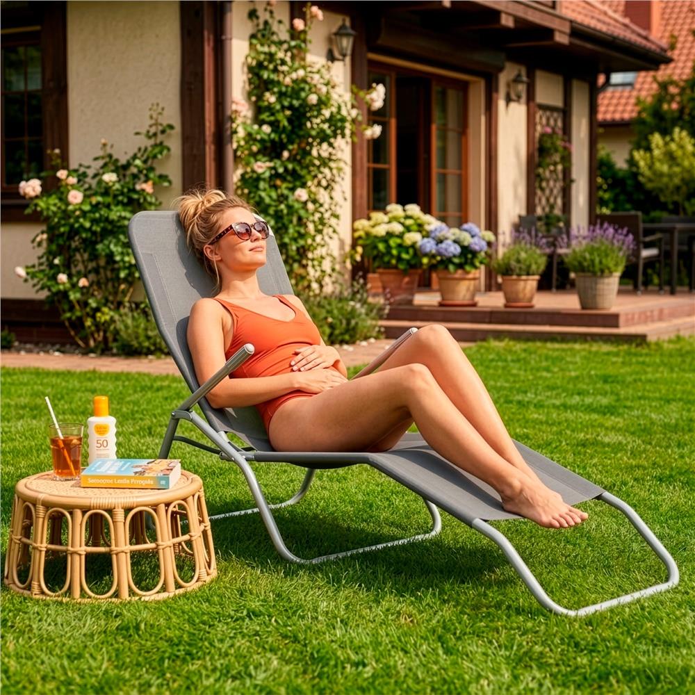 Sezlong pliabil Zero Gravity cu sezut din textilene, capacitate 120 kg, 60x185x96 cm, gri - imagine 20