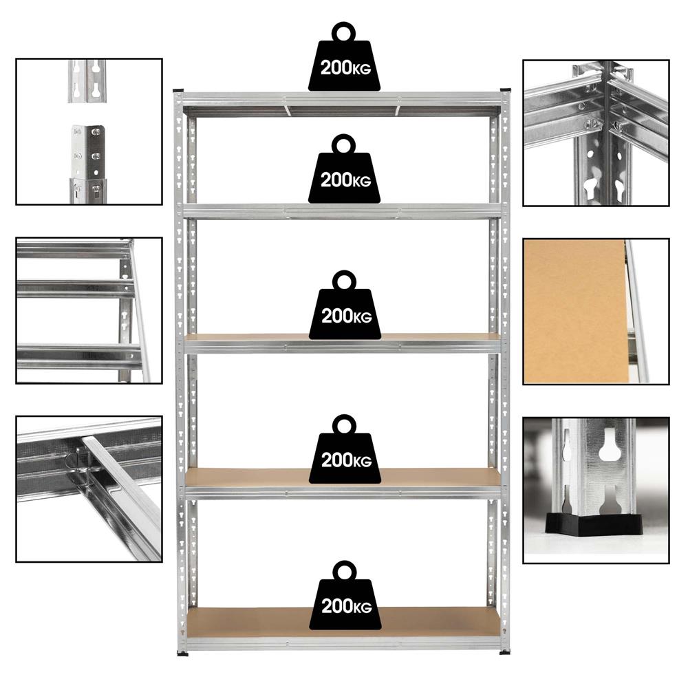 Raft metalic de depozitare cu 5 polite reglabile MDF, structura zincata, capacitate 1000 kg, 120x45x205 cm, gri - imagine 11