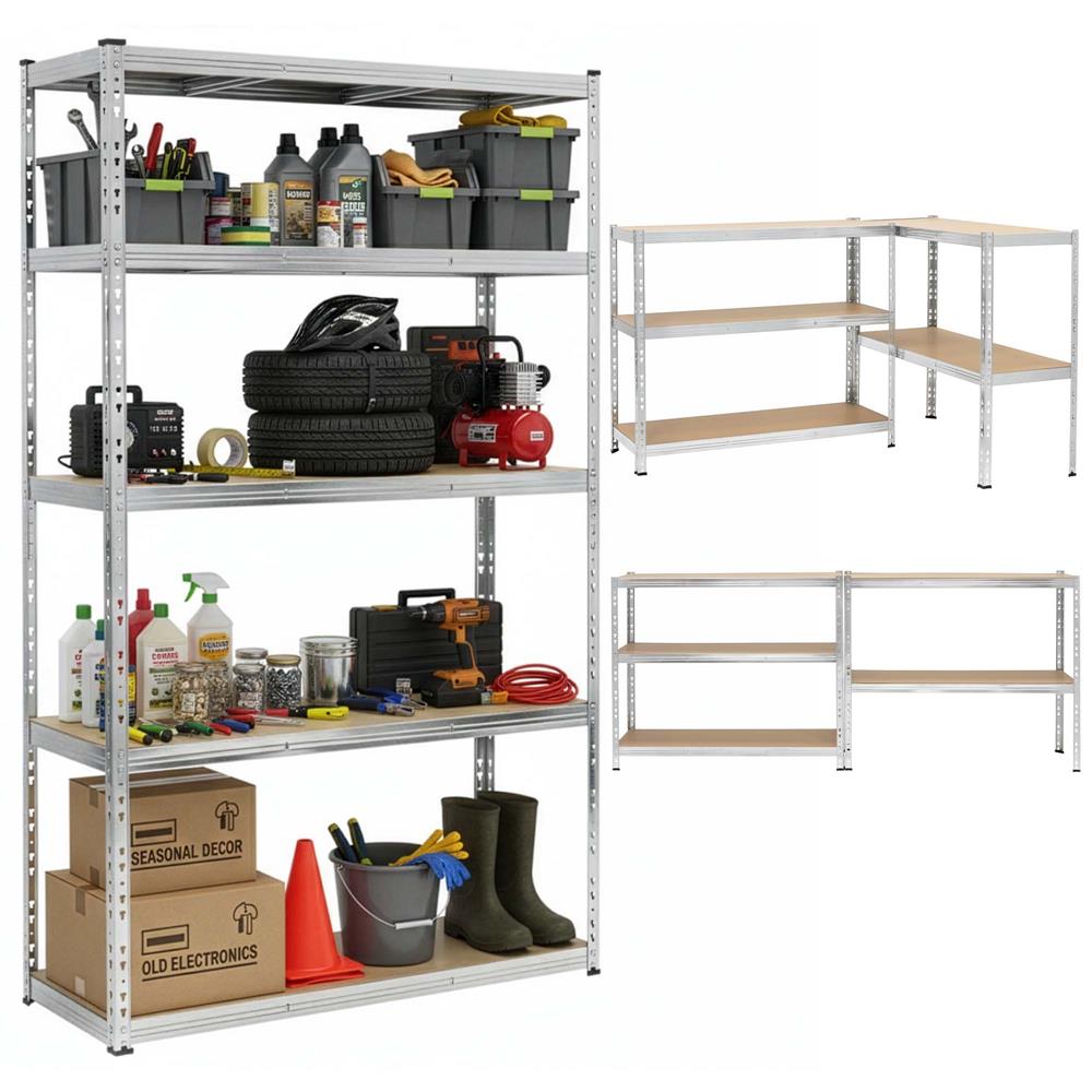 Raft metalic de depozitare cu 5 polite reglabile MDF, structura zincata, capacitate 1000 kg, 120x45x205 cm, gri - imagine 5
