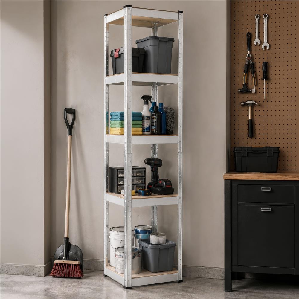 Raft metalic de depozitare cu 5 polite reglabile MDF, structura zincata, capacitate 500 kg, 40x40x180 cm, gri - imagine 16