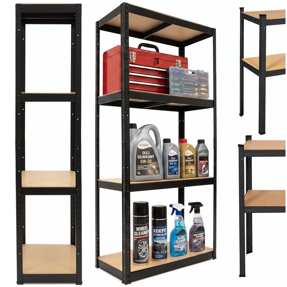 Raft metalic de depozitare cu 4 polite reglabile MDF, capacitate 700 kg, 80x40x174 cm, negru - imagine 2