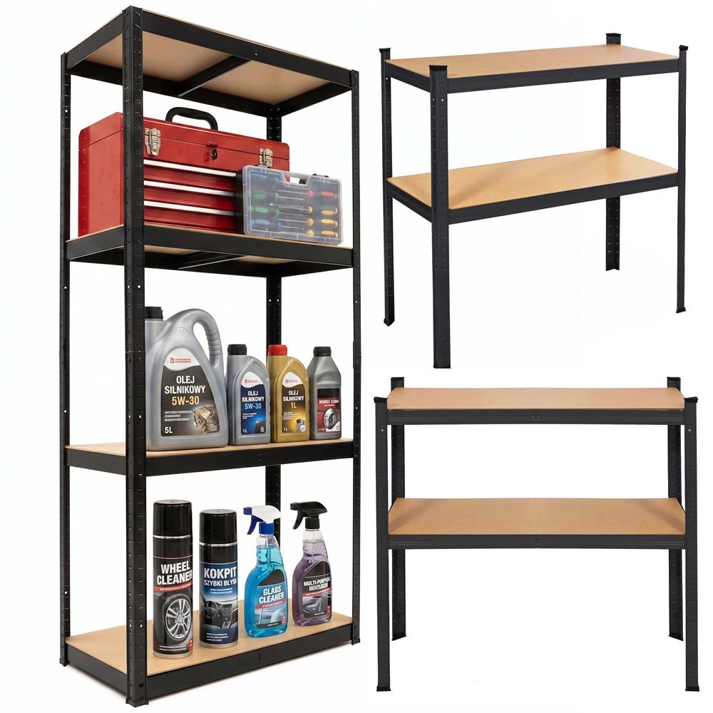 Raft metalic de depozitare cu 4 polite reglabile MDF, capacitate 700 kg, 80x40x174 cm, negru - imagine 4