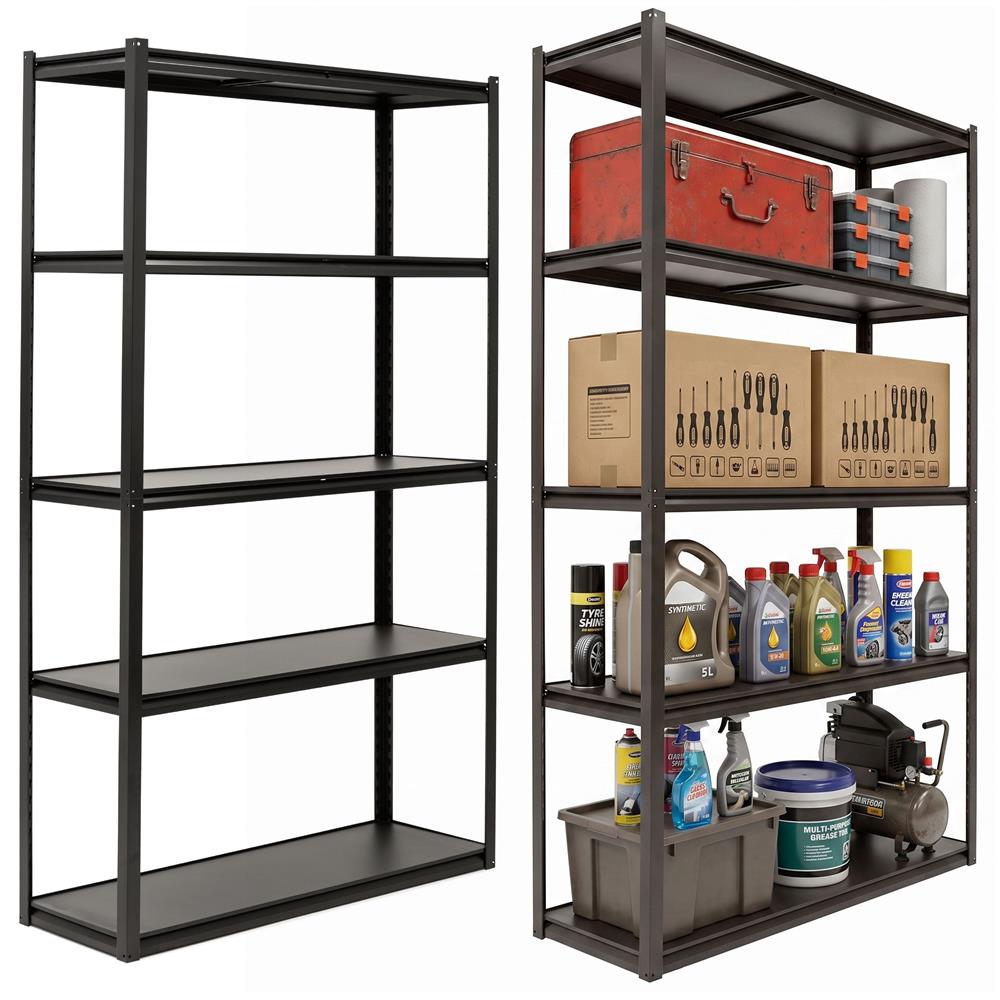 Raft metalic de depozitare cu 5 polite reglabile MDF, capacitate 750 kg, 120x40x200 cm, negru - imagine 4