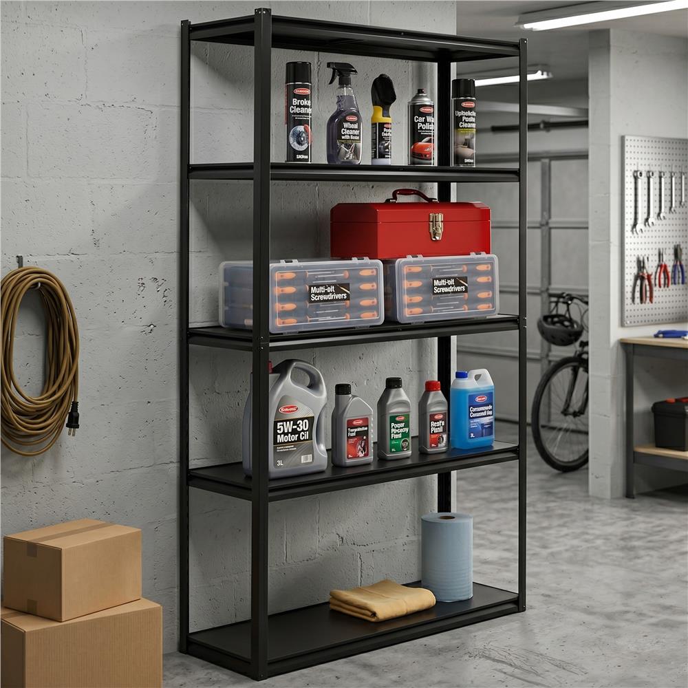 Raft metalic de depozitare cu 5 polite reglabile MDF, capacitate 750 kg, 120x40x200 cm, negru - imagine 6
