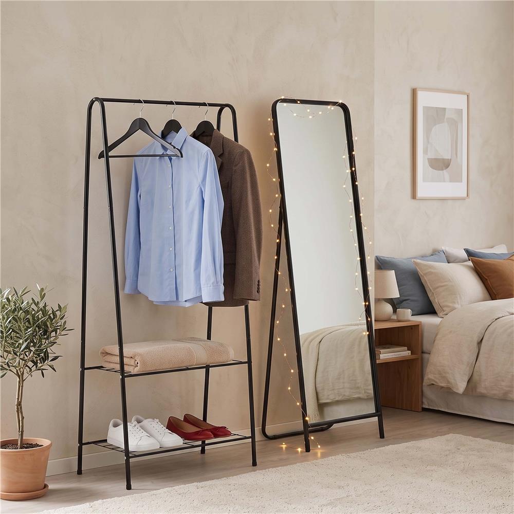 Suport metalic pentru haine cu bara si 2 rafturi, structura otel, 60x34x150 cm, negru - imagine 15