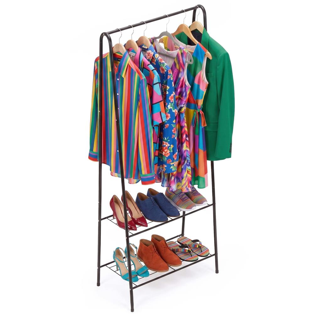 Suport metalic pentru haine cu bara si 2 rafturi, structura otel, 60x34x150 cm, negru - imagine 5