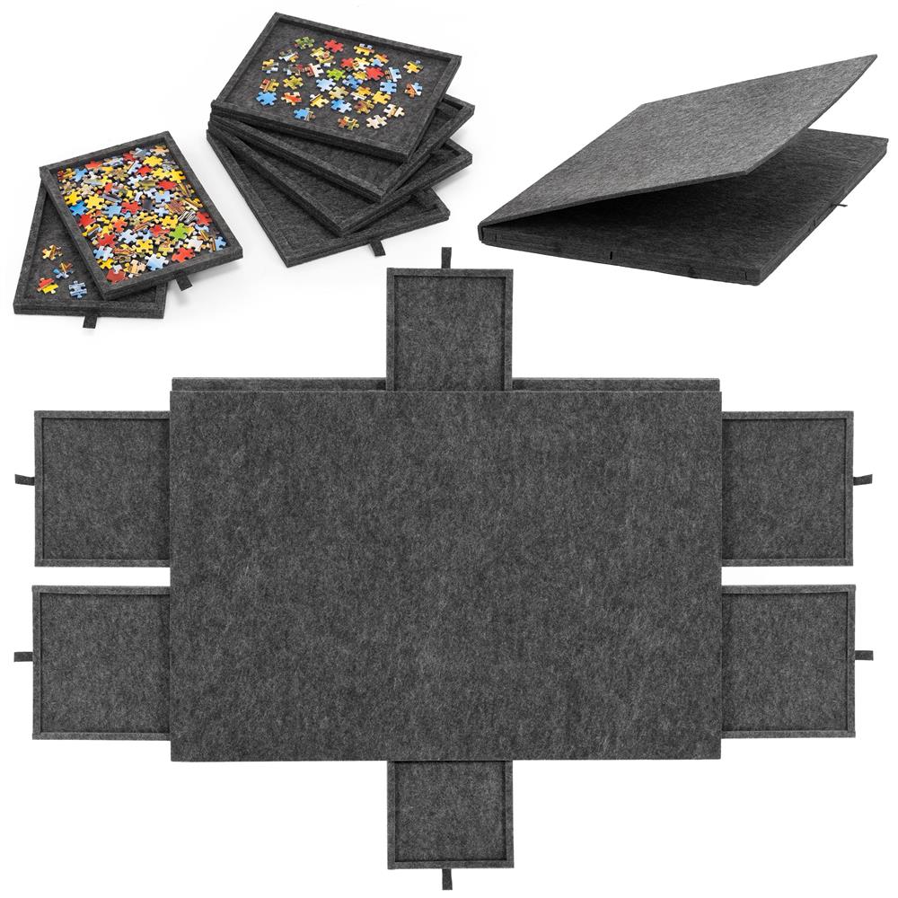 Tabla pentru organizare puzzle cu 6 sertare si capac, pliabila, din fetru, pana la 1500 piese, 77x52 cm, gri - imagine 2