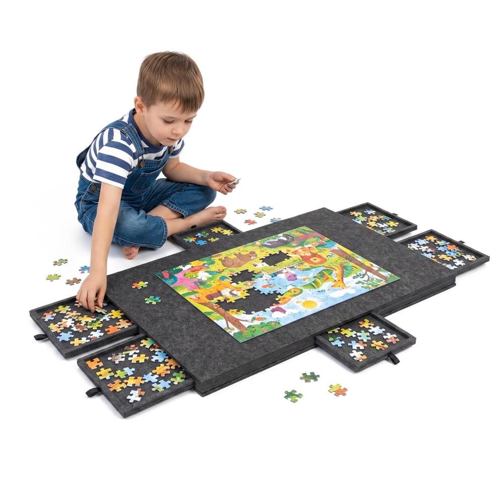 Tabla pentru organizare puzzle cu 6 sertare si capac, pliabila, din fetru, pana la 1500 piese, 77x52 cm, gri - imagine 11