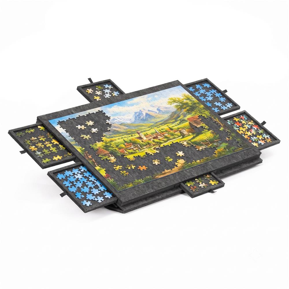 Tabla pentru organizare puzzle cu 6 sertare si capac, pliabila, din fetru, pana la 1500 piese, 77x52 cm, gri