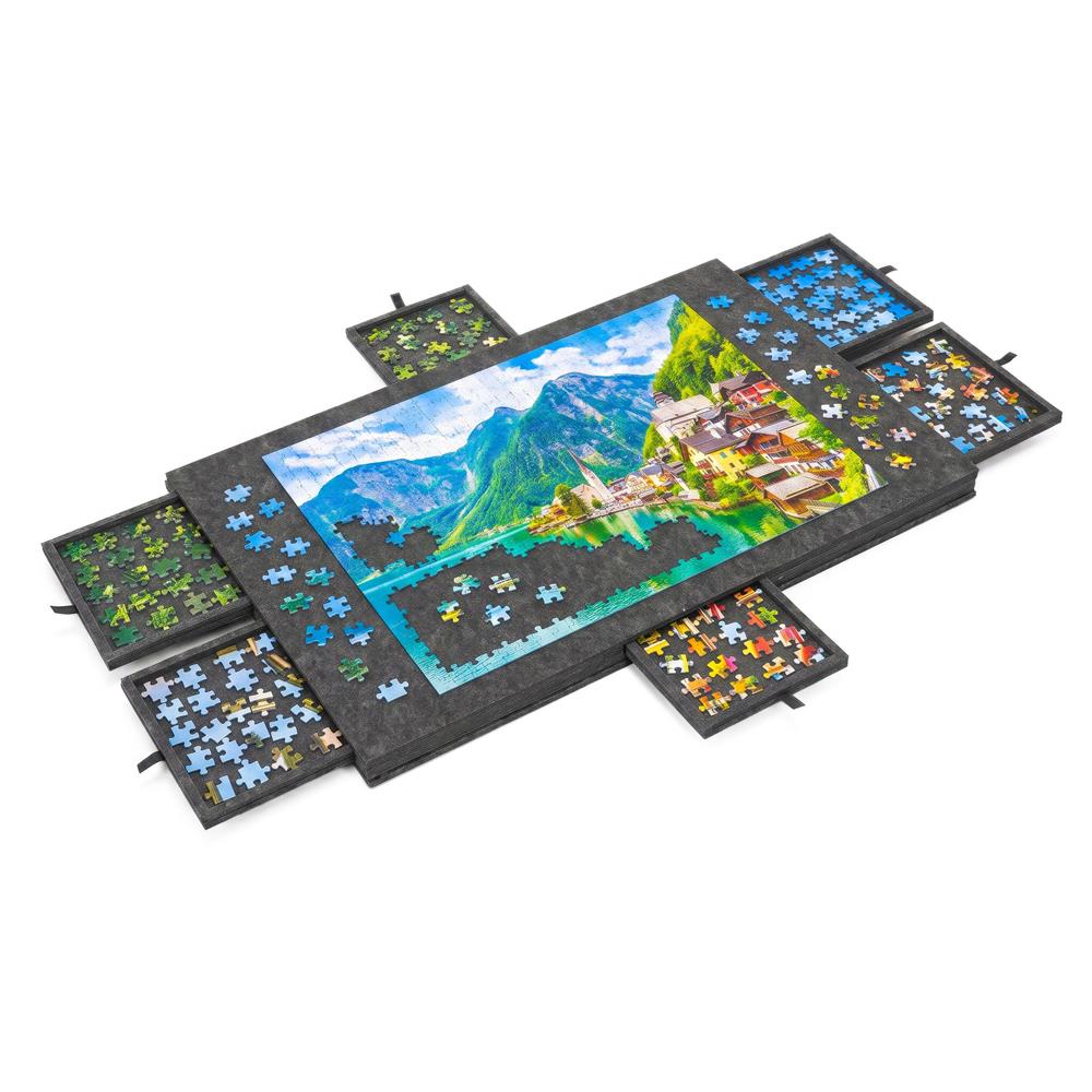 Tabla pentru organizare puzzle cu 6 sertare si capac, pliabila, din fetru, pana la 1500 piese, 77x52 cm, gri - imagine 16