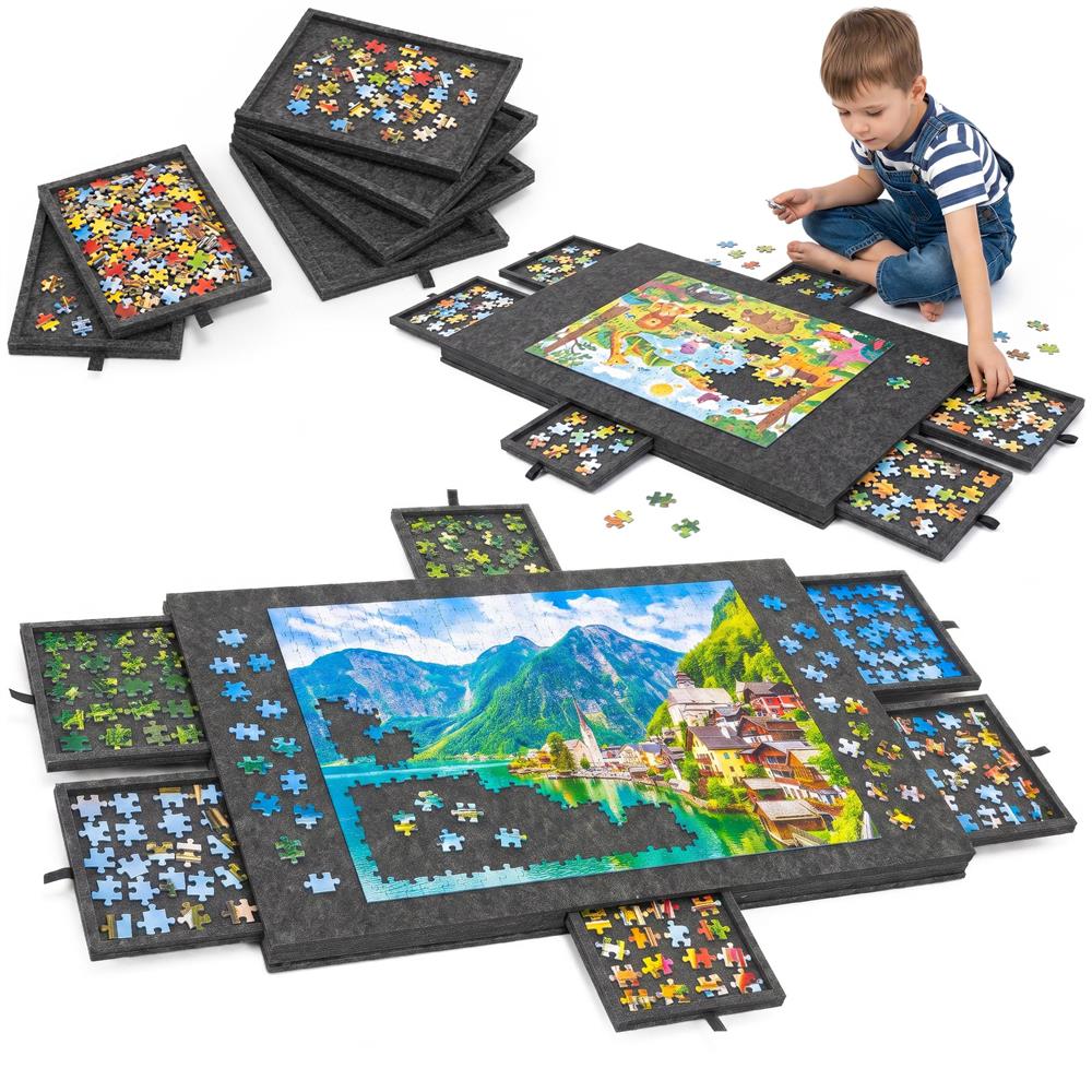 Tabla pentru organizare puzzle cu 6 sertare si capac, pliabila, din fetru, pana la 1500 piese, 77x52 cm, gri - imagine 3