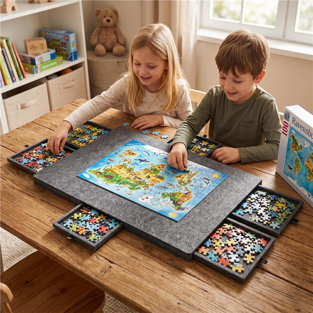 Tabla pentru organizare puzzle cu 6 sertare si capac, pliabila, din fetru, pana la 1500 piese, 77x52 cm, gri - imagine 20