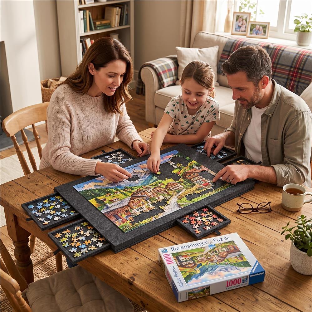 Tabla pentru organizare puzzle cu 6 sertare si capac, pliabila, din fetru, pana la 1500 piese, 77x52 cm, gri - imagine 22
