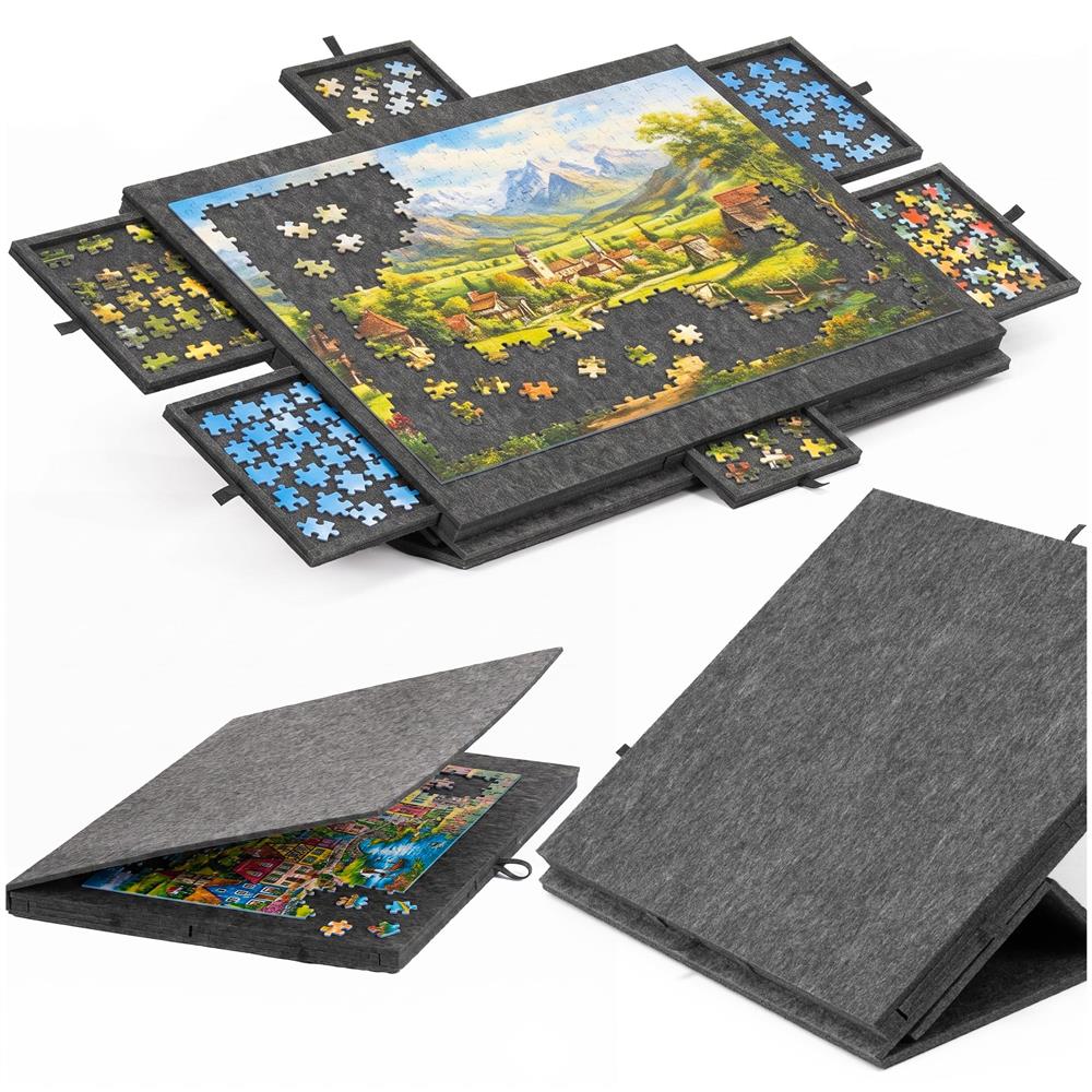 Tabla pentru organizare puzzle cu 6 sertare si capac, pliabila, din fetru, pana la 1500 piese, 77x52 cm, gri - imagine 4