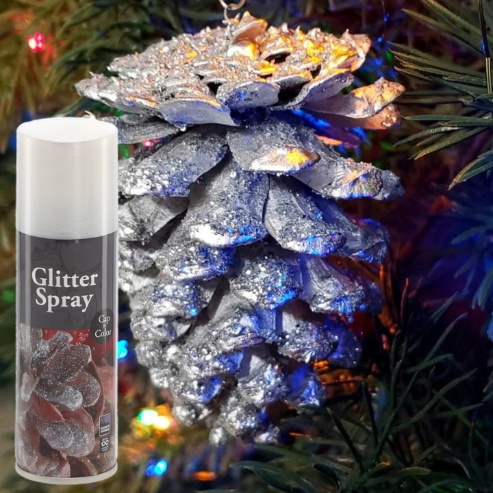 Spray decorativ cu sclipici 125 ml, pentru decoratiuni de Craciun, efect stralucitor cu particule glitter, formula cu uscare rapida, aplicare uniforma pe sticla, plastic, metal, lemn si polistiren, argintiu - imagine 7