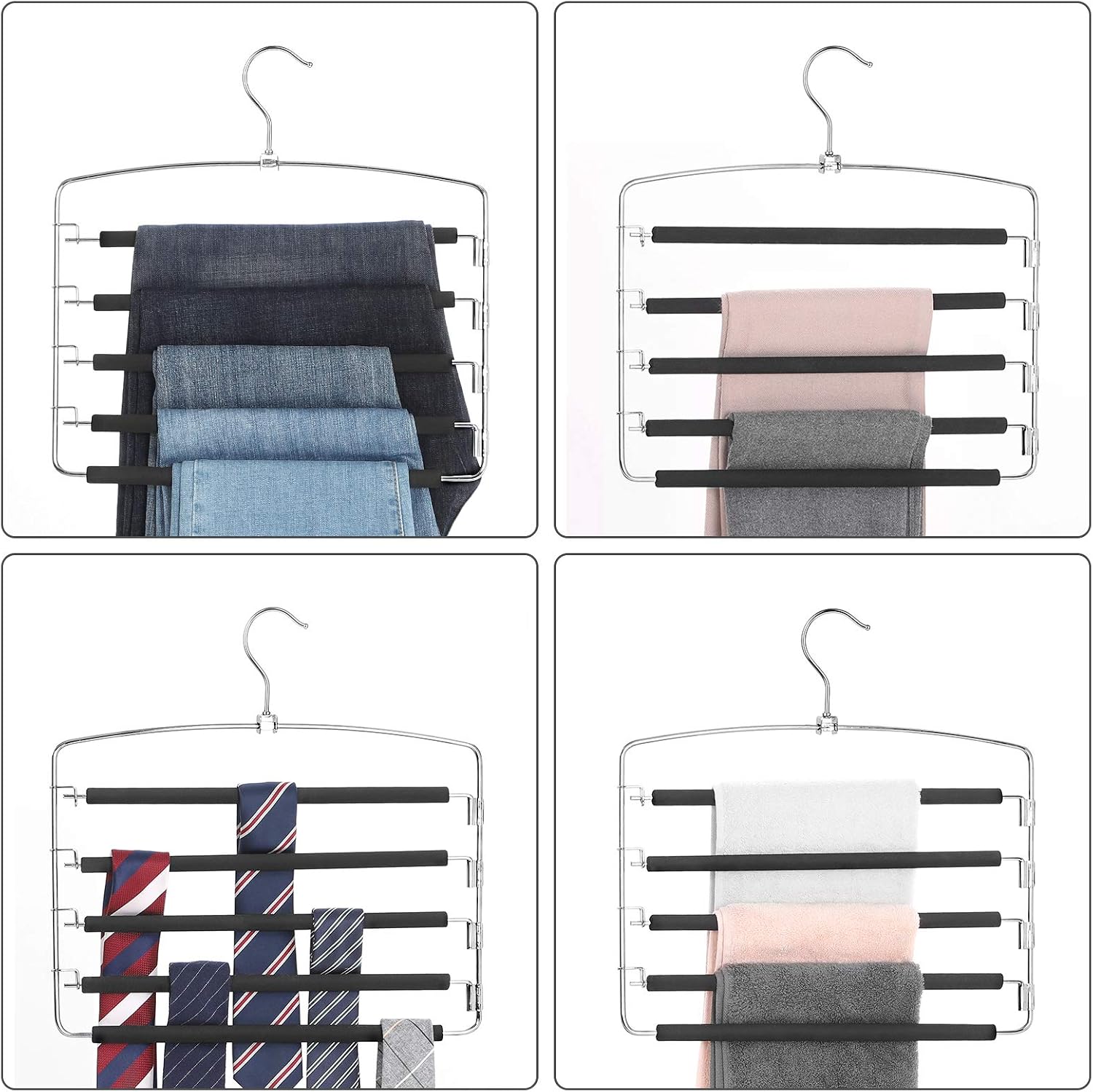 SONGMICS Set 3 umerase multifunctionale pentru pantaloni cu 5 bare rotative la 90° fiecare pentru economisirea spatiului in dulap, protectie antialunecare, carlige pivotante 360°, 38x37 cm, negru si argintiu - imagine 6