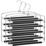 SONGMICS Set 3 umerase multifunctionale pentru pantaloni cu 5 bare rotative la 90° fiecare pentru economisirea spatiului in dulap, protectie antialunecare, carlige pivotante 360°, 38x37 cm, negru si argintiu