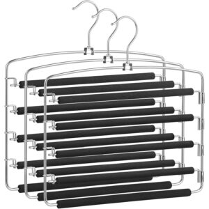 SONGMICS Set 3 umerase multifunctionale pentru pantaloni cu 5 bare rotative la 90° fiecare pentru economisirea spatiului in dulap, protectie antialunecare, carlige pivotante 360°, 38x37 cm, negru si argintiu