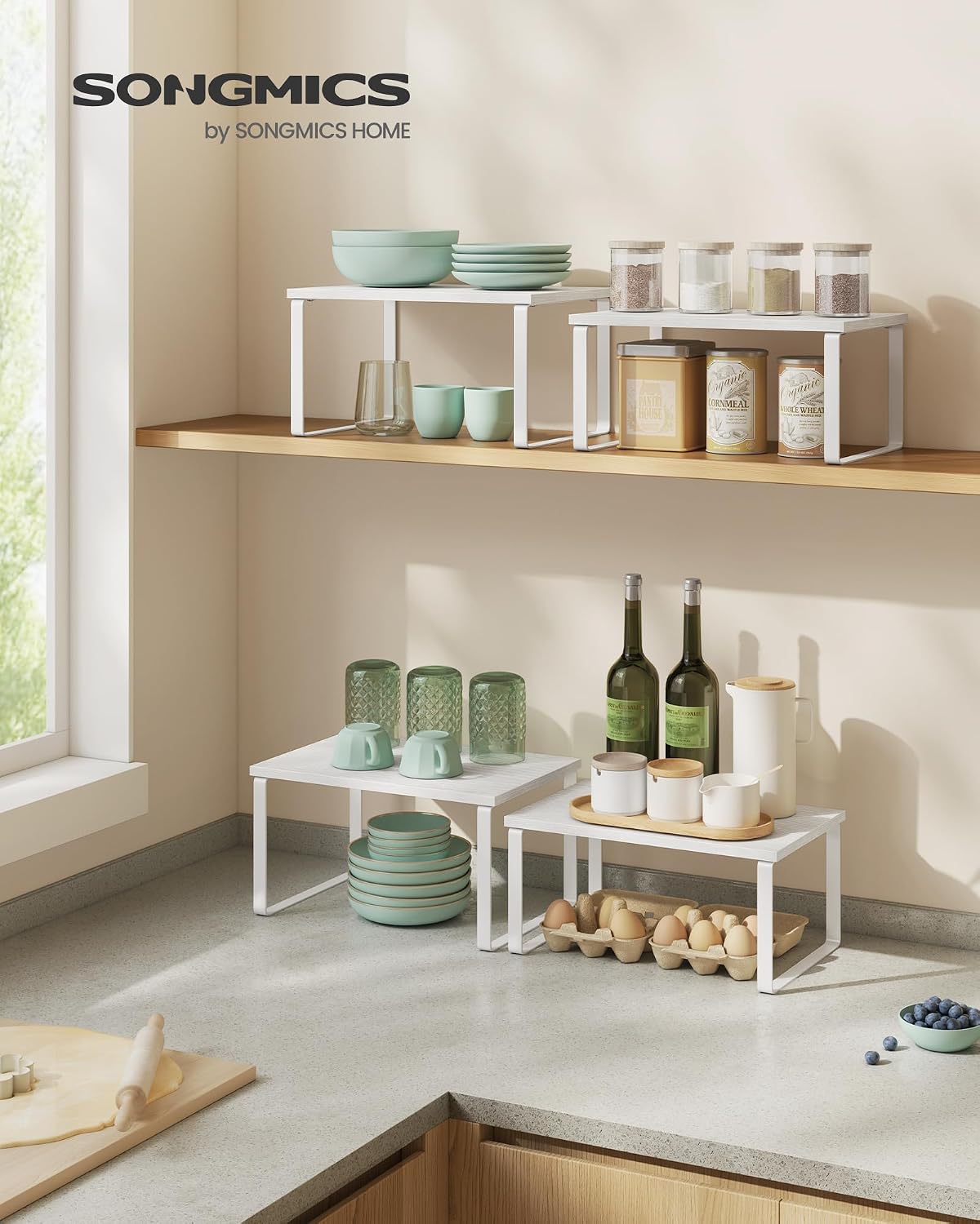 SONGMICS Set 2 rafturi organizatoare pentru bucatarie, suporturi pentru condimente, recipiente si accesorii, configurare flexibila suprapuse, separate sau in forma de L, 30x20x16 cm si 30x19x14 cm, alb - imagine 2
