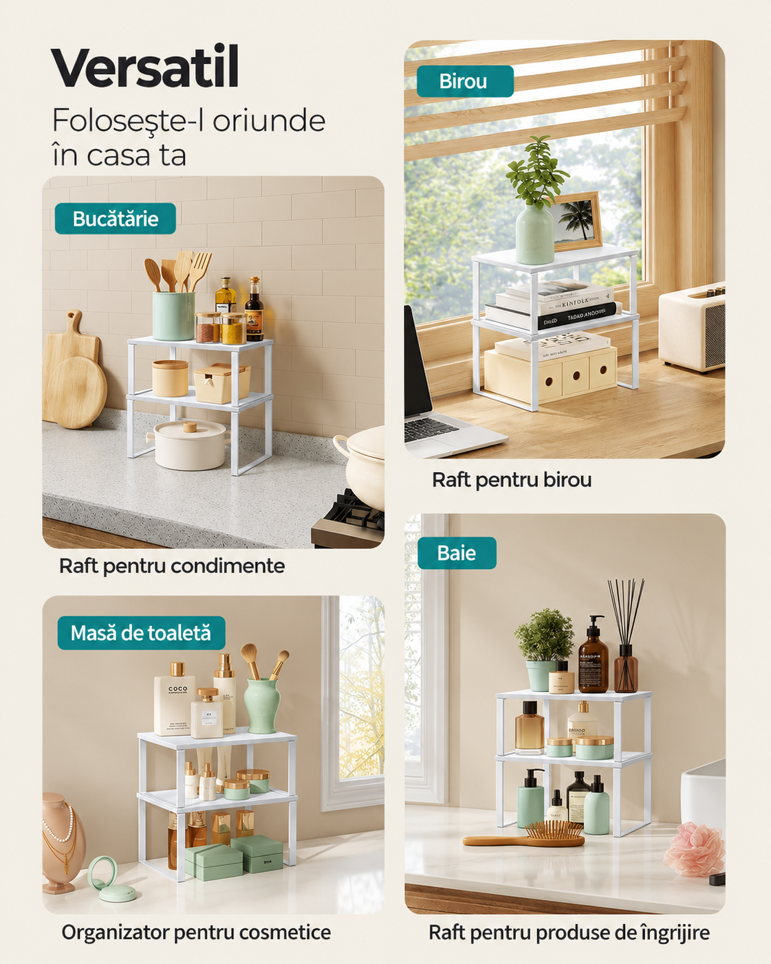 SONGMICS Set 2 rafturi organizatoare pentru bucatarie, suporturi pentru condimente, recipiente si accesorii, configurare flexibila suprapuse, separate sau in forma de L, 30x20x16 cm si 30x19x14 cm, alb - imagine 6