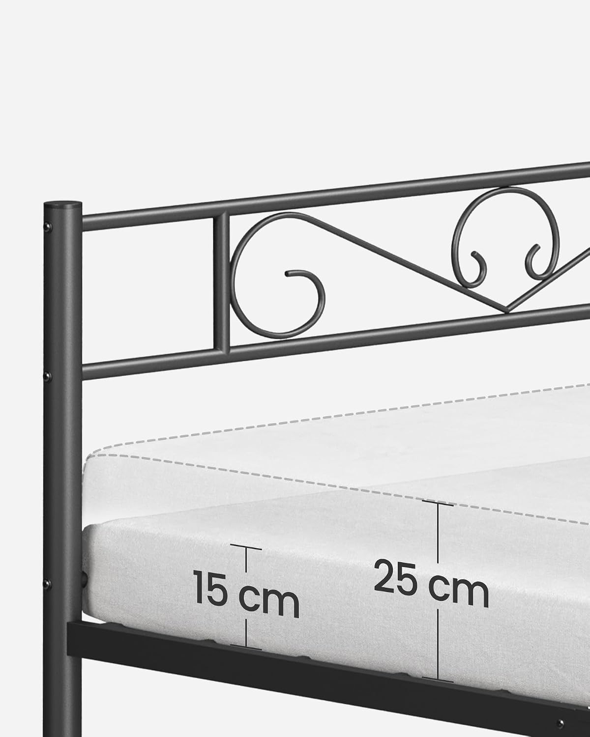 VASAGLE Cadru pat single din metal 90x200 cm, cu tablie inalta si spatiu de depozitare, 208x92x86 cm, negru - imagine 2