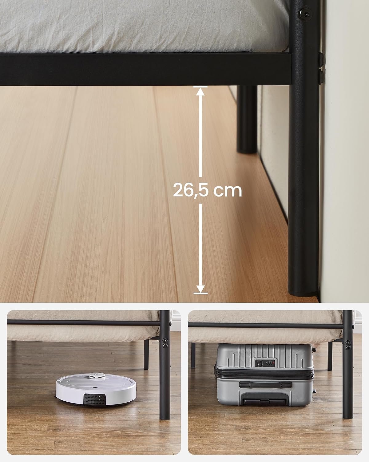 VASAGLE Cadru pat single din metal 90x200 cm, cu tablie inalta si spatiu de depozitare, 208x92x86 cm, negru - imagine 5