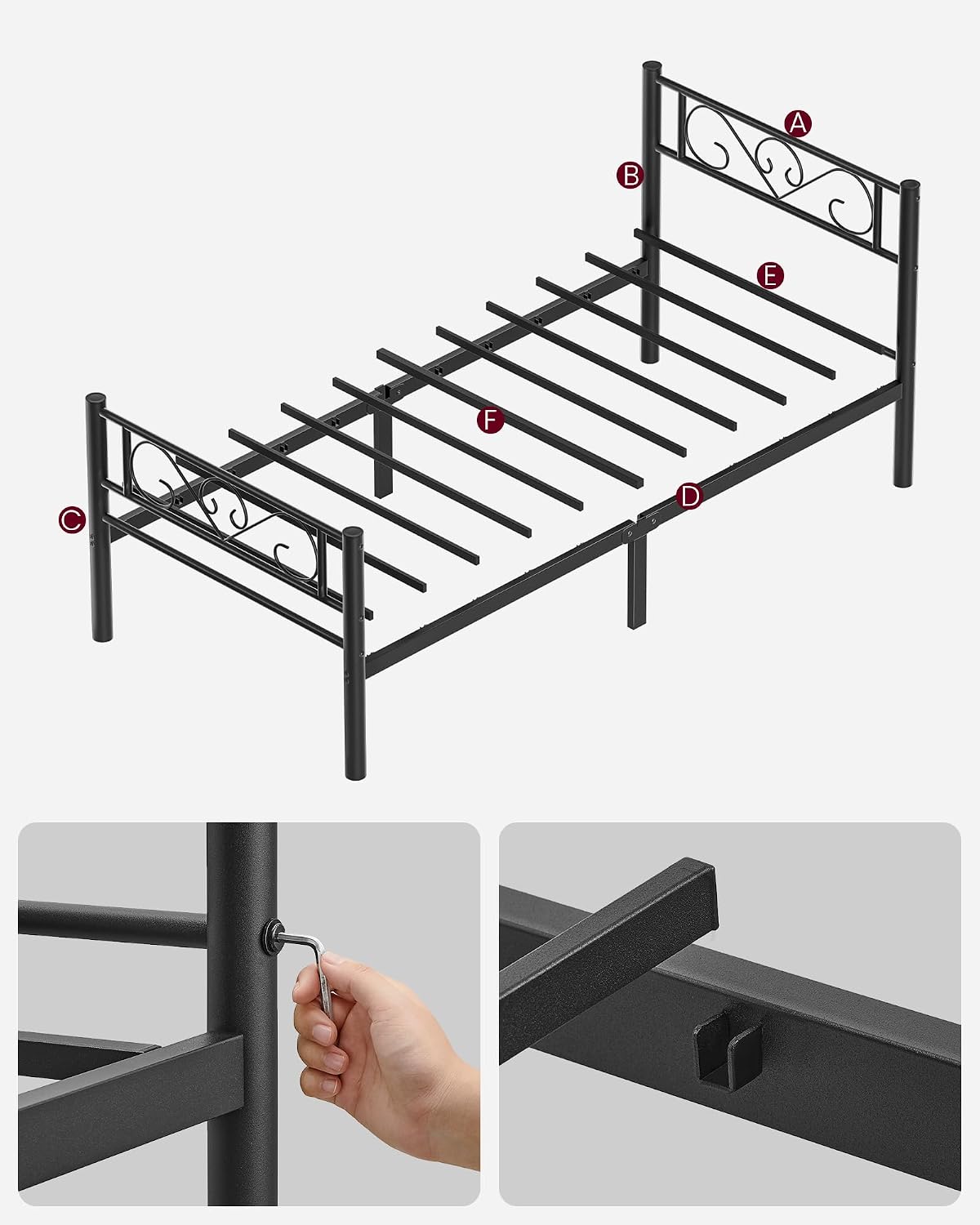 VASAGLE Cadru pat single din metal 90x200 cm, cu tablie inalta si spatiu de depozitare, 208x92x86 cm, negru - imagine 6
