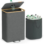 SONGMICS Cos colector pentru sticle si doze, 95 L, capacitate 200 de doze, orificiu cu inchidere automata pentru introducere rapida, sac interior detasabil cu manere pentru transport, material Oxford 600D rezistent la apa, 42x33x71 cm, gri