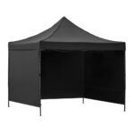 Pavilion pliabil de gradina 3x3 m, cu 3 pereti laterali pentru protectie impotriva vantului si ploii usoare, prelata hidrofoba Oxford 420D, cadru din otel anticoroziv, inaltime reglabila 280-310 cm, husa de transport si accesorii de ancorare incluse, negru