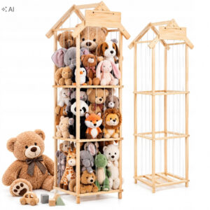 Organizator vertical pentru jucarii si plusuri cu 3 niveluri, din lemn natural de pin, corzi elastice laterale pentru acces rapid, structura rezistenta cu margini rotunjite, pentru organizarea si depozitarea jucariilor, 40x48x160 cm