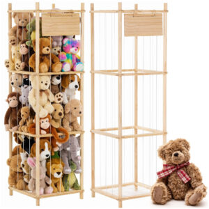 Organizator vertical pentru jucarii si plusuri, din lemn natural de pin, cu corzi elastice laterale pentru acces rapid, design tip turn pentru economisirea spatiului, structura rezistenta cu margini rotunjite, 40x40x136 cm