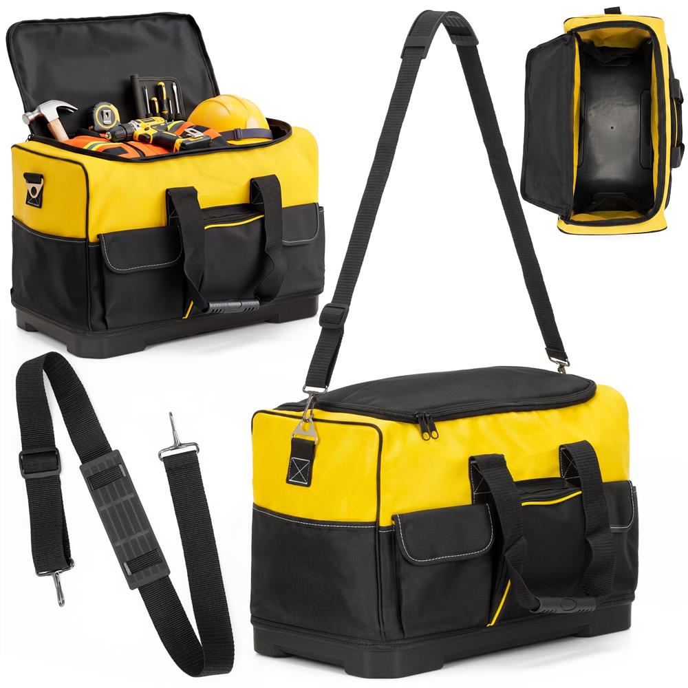 Geanta pentru scule si unelte cu capacitate 40 L, compartiment principal spatios, multiple buzunare interioare si exterioare, material rezistent cu baza rigida din PP, manere transport si curea de umar reglabila, 49x27x32 cm, negru si galben - imagine 15