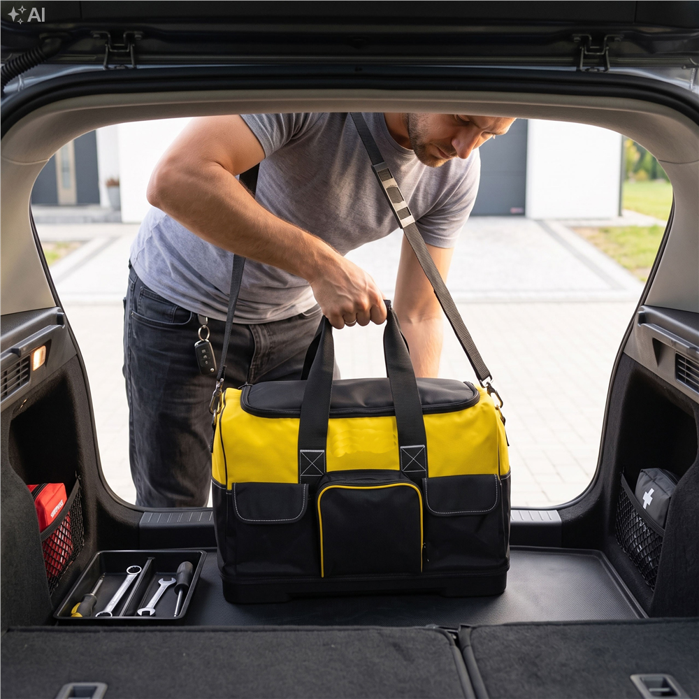 Geanta pentru scule si unelte cu capacitate 40 L, compartiment principal spatios, multiple buzunare interioare si exterioare, material rezistent cu baza rigida din PP, manere transport si curea de umar reglabila, 49x27x32 cm, negru si galben - imagine 18