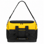 Geanta pentru scule si unelte cu capacitate 40 L, compartiment principal spatios, multiple buzunare interioare si exterioare, material rezistent cu baza rigida din PP, manere transport si curea de umar reglabila, 49x27x32 cm, negru si galben