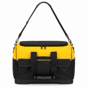 Geanta pentru scule si unelte cu capacitate 40 L, compartiment principal spatios, multiple buzunare interioare si exterioare, material rezistent cu baza rigida din PP, manere transport si curea de umar reglabila, 49x27x32 cm, negru si galben
