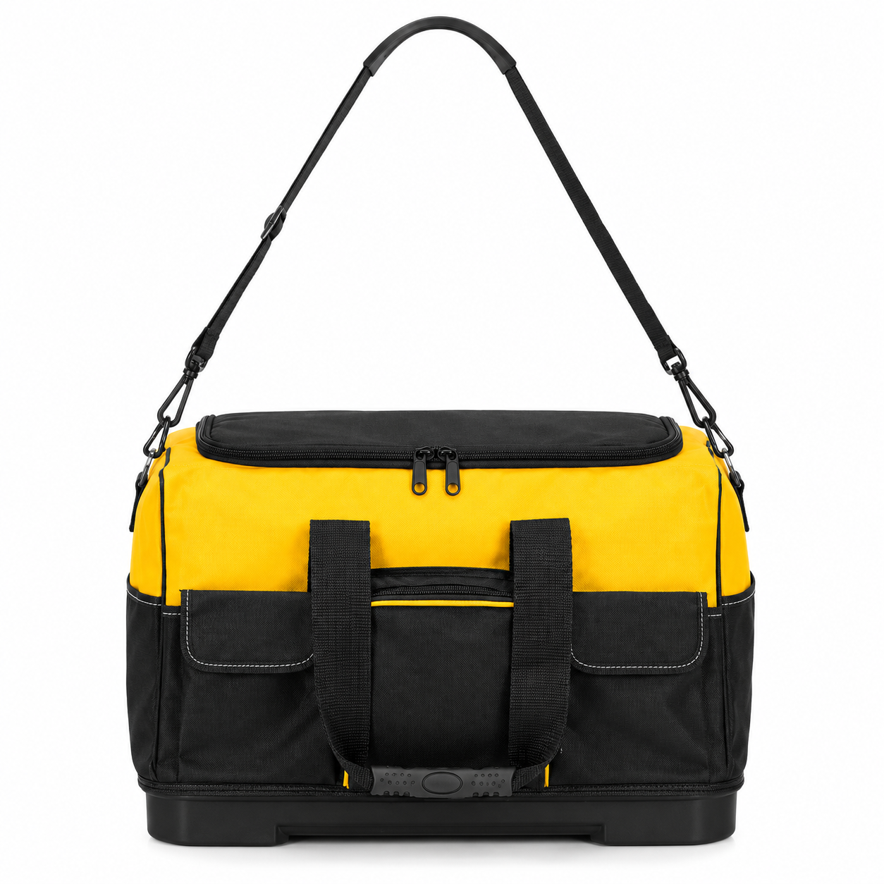 Geanta pentru scule si unelte cu capacitate 40 L, compartiment principal spatios, multiple buzunare interioare si exterioare, material rezistent cu baza rigida din PP, manere transport si curea de umar reglabila, 49x27x32 cm, negru si galben