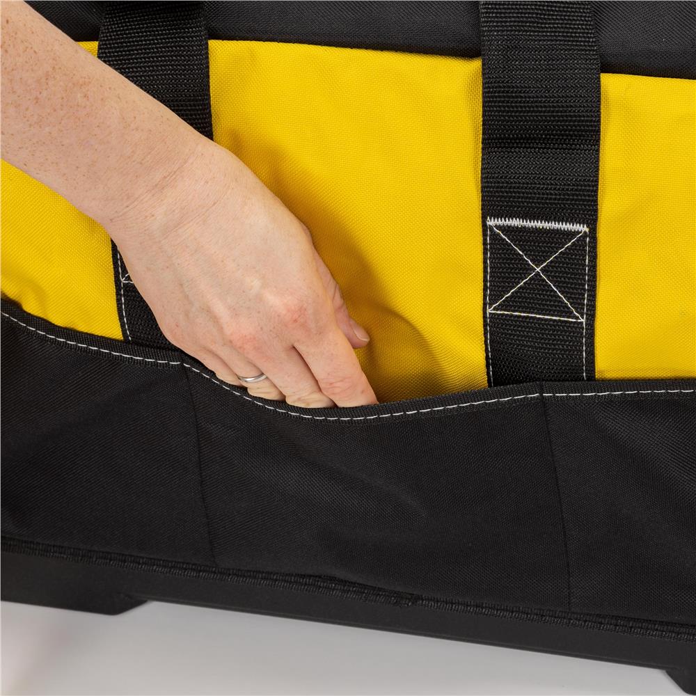 Geanta pentru scule si unelte cu capacitate 40 L, compartiment principal spatios, multiple buzunare interioare si exterioare, material rezistent cu baza rigida din PP, manere transport si curea de umar reglabila, 49x27x32 cm, negru si galben - imagine 7