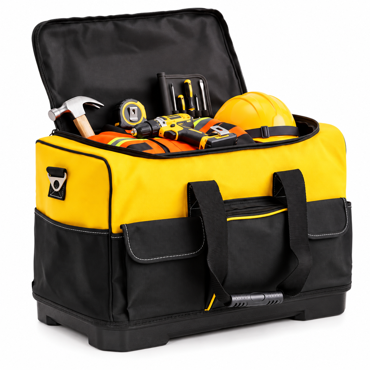 Geanta pentru scule si unelte cu capacitate 40 L, compartiment principal spatios, multiple buzunare interioare si exterioare, material rezistent cu baza rigida din PP, manere transport si curea de umar reglabila, 49x27x32 cm, negru si galben - imagine 10