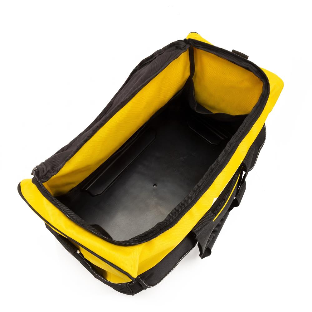 Geanta pentru scule si unelte cu capacitate 40 L, compartiment principal spatios, multiple buzunare interioare si exterioare, material rezistent cu baza rigida din PP, manere transport si curea de umar reglabila, 49x27x32 cm, negru si galben - imagine 12