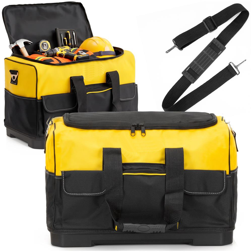 Geanta pentru scule si unelte cu capacitate 40 L, compartiment principal spatios, multiple buzunare interioare si exterioare, material rezistent cu baza rigida din PP, manere transport si curea de umar reglabila, 49x27x32 cm, negru si galben - imagine 13