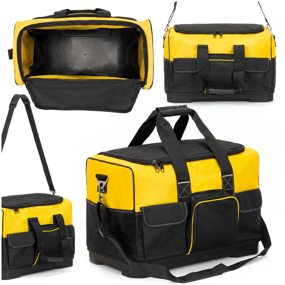 Geanta pentru scule si unelte cu capacitate 40 L, compartiment principal spatios, multiple buzunare interioare si exterioare, material rezistent cu baza rigida din PP, manere transport si curea de umar reglabila, 49x27x32 cm, negru si galben - imagine 14