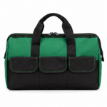 Geanta pentru scule si unelte cu capacitate 15 L, compartiment principal cu fermoar dublu, 5 buzunare exterioare, constructie rigidizata cu forma triunghiulara, material rezistent si baza din PE, 40x18x34 cm, negru si verde