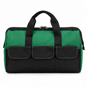 Geanta pentru scule si unelte cu capacitate 15 L, compartiment principal cu fermoar dublu, 5 buzunare exterioare, constructie rigidizata cu forma triunghiulara, material rezistent si baza din PE, 40x18x34 cm, negru si verde