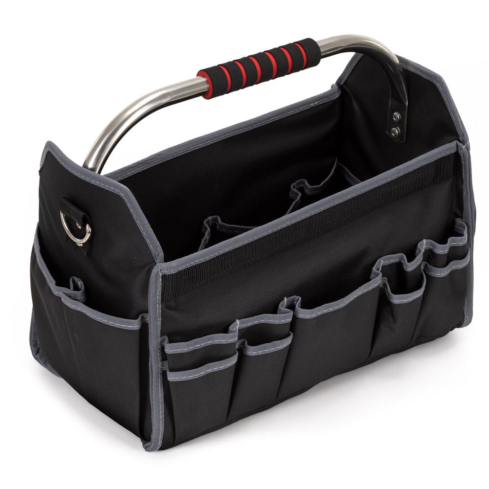 Geanta portabila pentru scule si unelte cu 20 de buzunare pentru organizare, maner metalic cu spuma antiderapanta, margini superioare rigidizate, baza rezistenta din PE, curea de umar reglabila, 41x23x35 cm, negru si gri - imagine 19