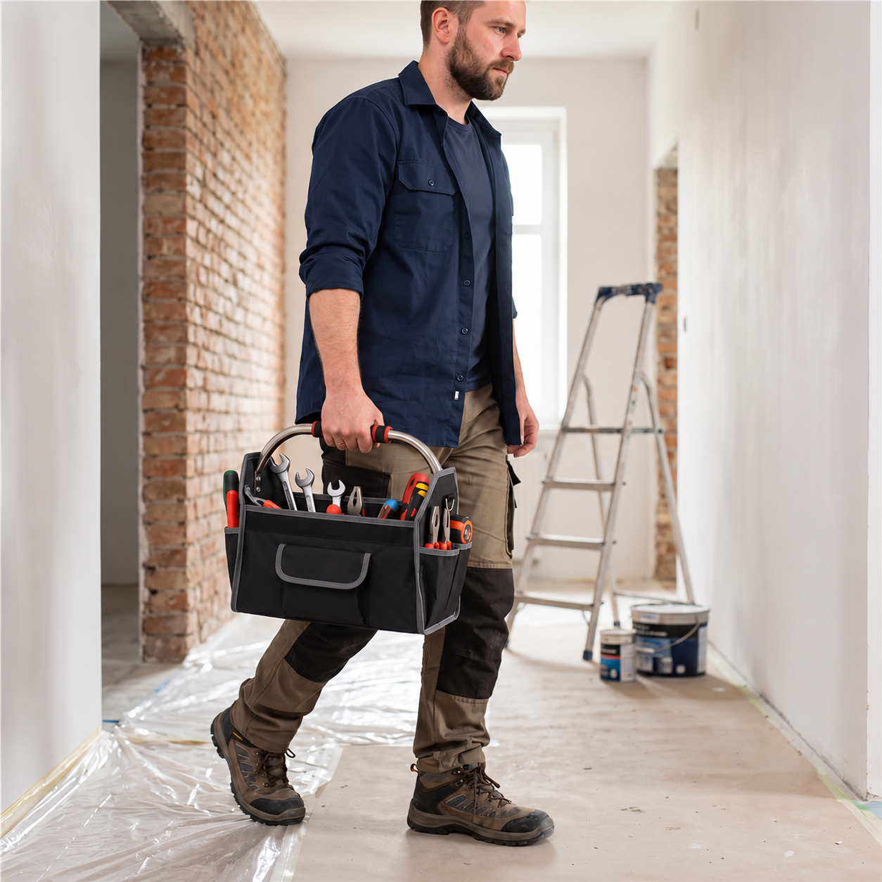 Geanta portabila pentru scule si unelte cu 20 de buzunare pentru organizare, maner metalic cu spuma antiderapanta, margini superioare rigidizate, baza rezistenta din PE, curea de umar reglabila, 41x23x35 cm, negru si gri - imagine 20
